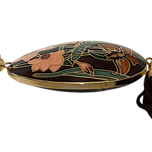 Vtg Cloisonne‎ Tassel Butterfly Necklace 70s Pendant Woven Cord Brown Dual Sided - Picture 3 of 16